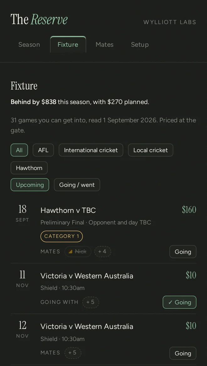 The Fixture tab listing upcoming MCG games with a price against each and Going buttons.