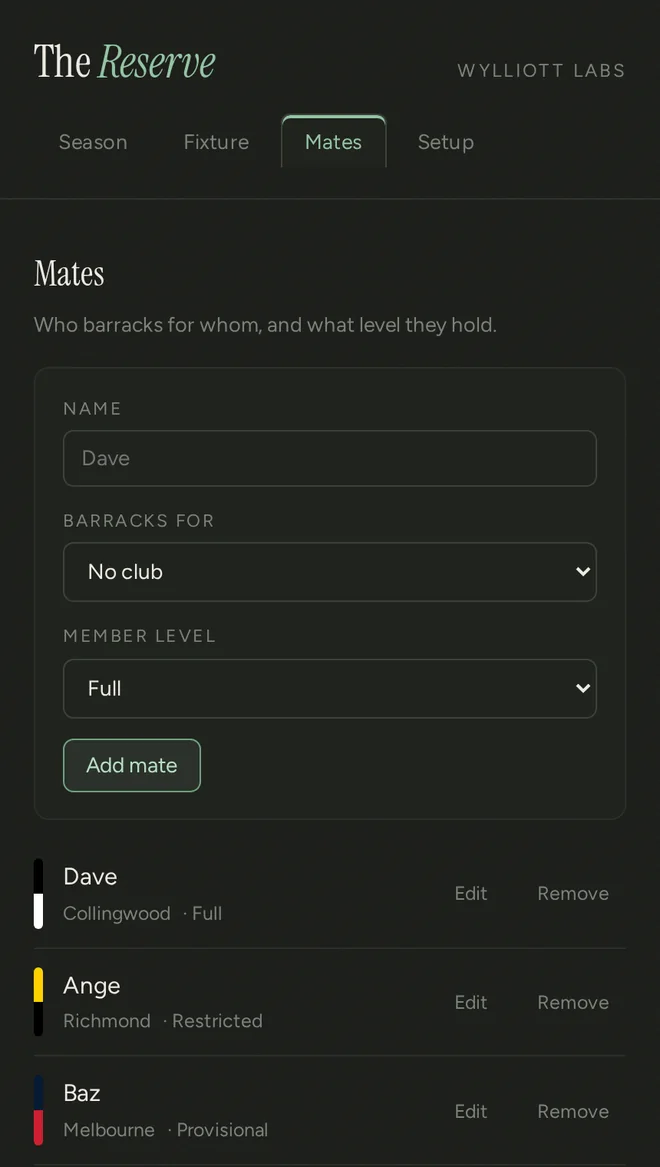 The Mates tab listing five mates with their club and MCC membership level.