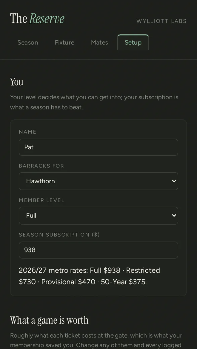 The Setup tab showing member level, season subscription and an editable table of gate prices per game type.